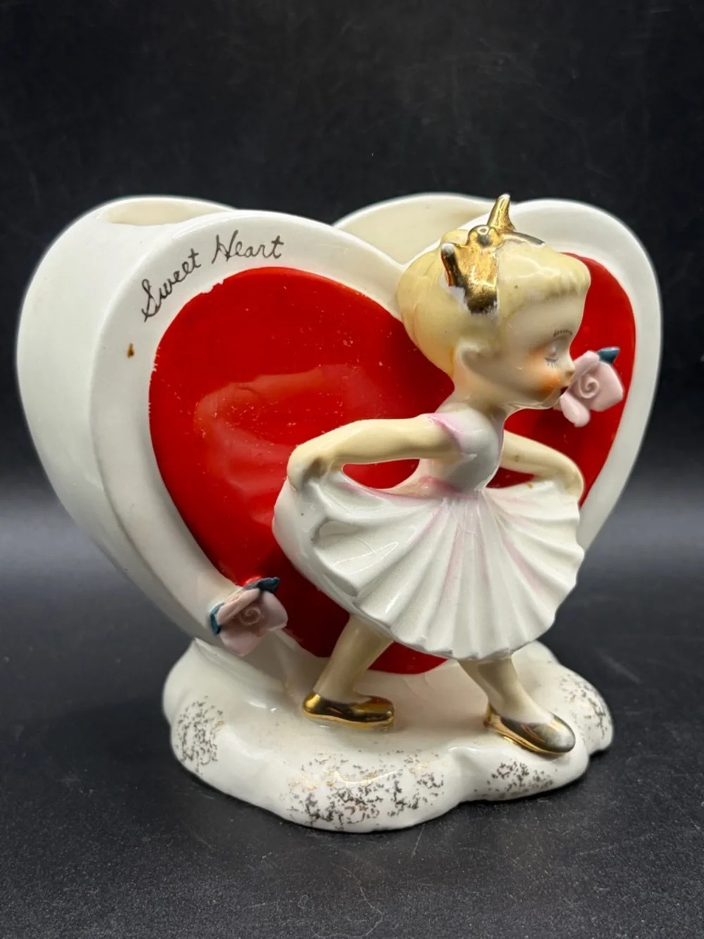 Napco Vintage Hand Painted Sweet Heart Ceramic Girl Figure Vase Planter S719B